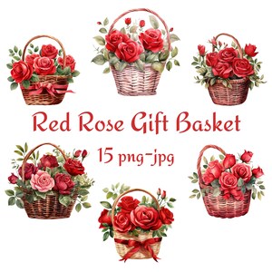 15 Rote Rose Geschenk Korb Clipart, Hochzeit Brautparty Rote Rose Geschenkkorb Blumen Clipart, Aquarell Rote Rose Geschenkkorb Clipart PNG JPG