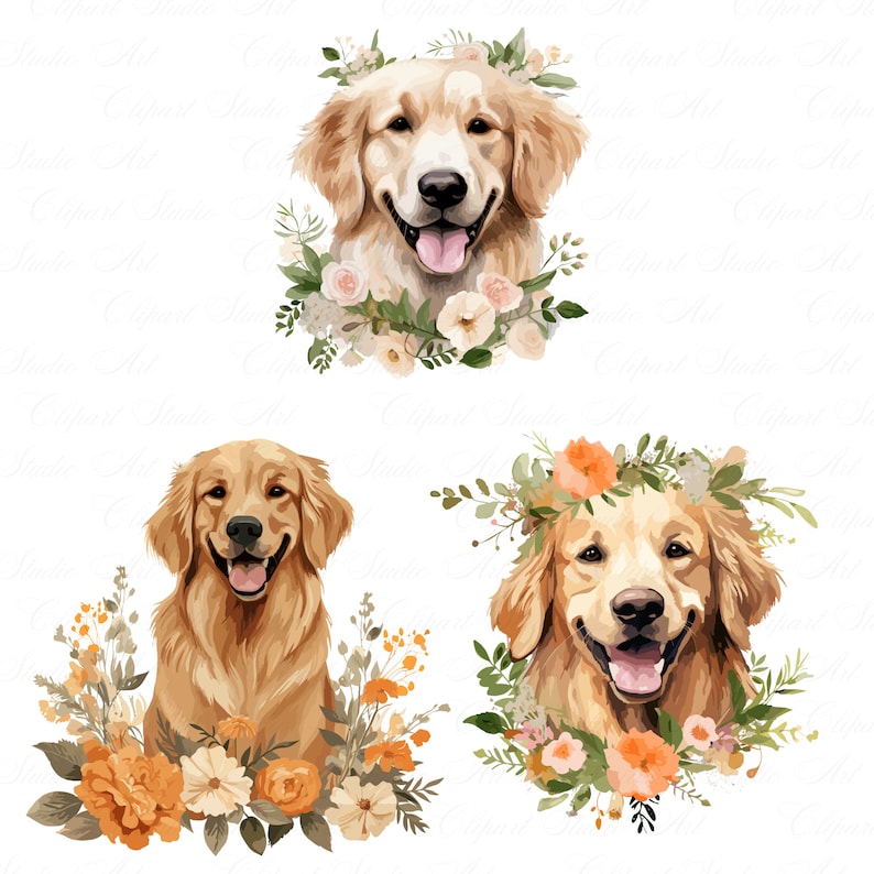 24 Golden Retriever Dog Clipart, Floral Golden Retriever Dog Clipart ...
