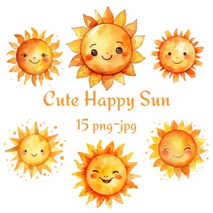 15 Imágenes prediseñadas lindas del sol feliz, imágenes prediseñadas lindas de la acuarela del sol, fondo transparente del sol de la acuarela 300 Dpı PNG JPG Imágenes prediseñadas