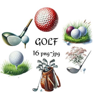 16 golf clipart, golfbal clipart, golfclub, golfsport aquarel hoge kwaliteit sticker ticket afdrukken clipart PNG JPG 300 Dpi