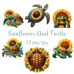 12 Sonnenblumen und Schildkröte Clipart, Clipart Blühende Schildkröte, Wasserschildkröte Aquarell Clipart, Aquarell 300 Dpı PNG JPG Clipart