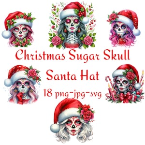 18 Weihnachten Zuckerschädel Weihnachtsmütze Clipart, süßes Schädel-Mädchen Santa Clipart, Aquarell Neujahr transparenten Hintergrund 300 Dpı PNG JPG SVG