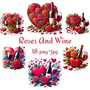 18 Clipart de rosas e vinho para o dia dos namorados, rosas vermelhas coloridas em formato de coração e vinho para o dia dos namorados, aquarela 300 Dpı PNG JPG Clipart