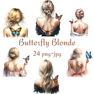 24 Blonde vrouw vlinder clipart, achterkant blonde vrouw met vlinder clipart, aquarel transparante achtergrond 300 Dpı PNG JPG clipart