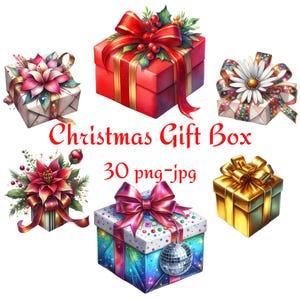 May include: An assortment of colorful Christmas gift boxes, each adorned with decorative bows and embellishments. The image includes a variety of designs, including a red box with a holly bow, and a box with the text "Christmas Gift Box 30 png-jpg".