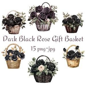 15 donkere zwarte roos geschenkmand clipart, bruiloft bruids douche zwarte roos geschenkmand clipart, aquarel zwarte roos geschenkmand png JPG