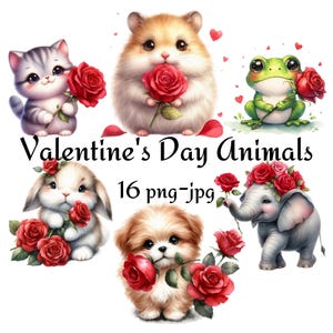16 imágenes prediseñadas de animales del día de San Valentín, rosa roja, perro, gato, rana, tortuga, elefante, hámster, acuarela, fondo transparente, 300 dpi, PNG, JPG