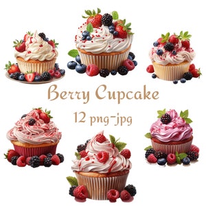 12 Beeren Cupcake Clipart, Aquarell leckere Cupcake Clipart, Obst Cupcake Clipart, Beeren Cupcake Hochwertige 300 Dpı PNG JPG Clipart