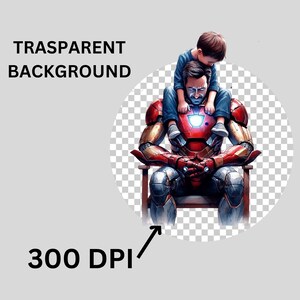 May include: Digital illustration of a man in an Iron Man suit with a child sitting on his shoulders. The Iron Man suit is red and gold with a glowing chest piece. The image has the text "TRASPARENT BACKGROUND" and "300 DPI".