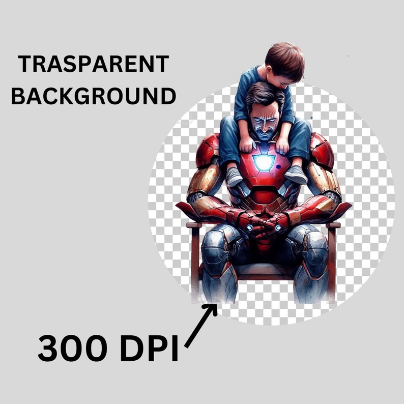 May include: Digital illustration of a man in an Iron Man suit with a child sitting on his shoulders. The Iron Man suit is red and gold with a glowing chest piece. The image has the text "TRASPARENT BACKGROUND" and "300 DPI".