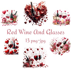 13 Clipart di San Valentino con vino rosso e bicchieri, clipart con cuore di rose rosse e bicchieri da vino, acquerello di San Valentino 300 Dpı PNG JPG