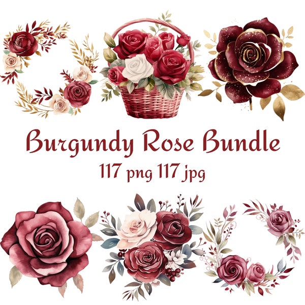 117 Burgundy Bouquet Rose, Gift Basket Rose, Rose With Golden Glitter, Wreath Rose, Wreath Rose With Golden Glitter, Watercolor PNG JPG