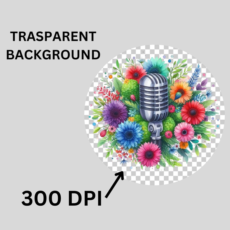 May include: A vintage microphone surrounded by a colorful bouquet of flowers, including pink, blue, purple, and yellow blooms. The microphone is silver with a black base and is set against a transparent background.