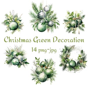 14 Clipart de decoração verde de Natal, clipart de aquarela de decoração de flores verdes de Natal, enfeites de Natal, 300 Dpı PNG JPG Clipart
