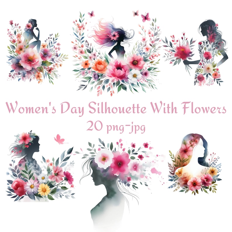 Puede incluir: Un conjunto de ilustraciones digitales que presentan siluetas de mujeres con arreglos florales en estilo acuarela. Las mujeres se representan en varias poses, con el pelo suelto y flores que las rodean. Las flores son en tonos de rosa, blanco y amarillo.