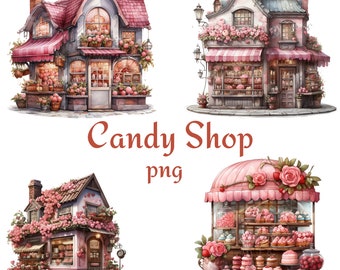 Candy Shop Clipart, Flower Candy Shop Watercolor Clipart, Shop Flower Ornaments Clipart, Candy Shop Watercolor PNG 300 Dpı Clipart