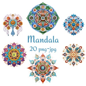 20 Mandala Clipart, Watercolor Mandala Clipart, 300 Dpı Watercolor Mandala Clipart Bundle, Mandala High Quality PNG JPG Clipart