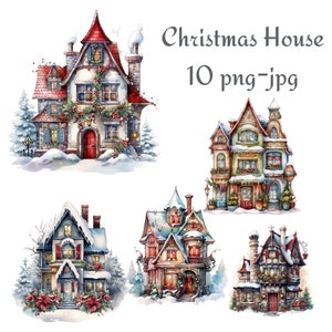 10 Weihnachten Aquarell Haus Clipart, Weihnachten Verschneite Haus Clipart, Weihnachten Winter Haus Clipart, Weihnachten Dekorierte Haus Clipart