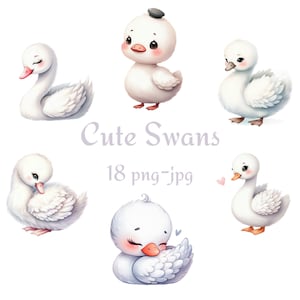 18 かわいい白鳥のクリップアート、かわいい赤ちゃん白鳥のクリップアート、水彩かわいい白鳥の透明な背景の高品質 300 Dpı PNG JPG クリップアート