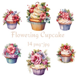 14 Blühende Cupcake Clipart, Rosa Blumen Cupcake Clipart, Aquarell Cupcake Transparenter Hintergrund 300 Dpı PNG JPG Clipart