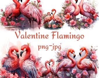 Valentine Flamingo Clipart, Floral Flamingo Clipart, Valentine Flamingo Watercolor 300 DPI PNG JPG Clipart,