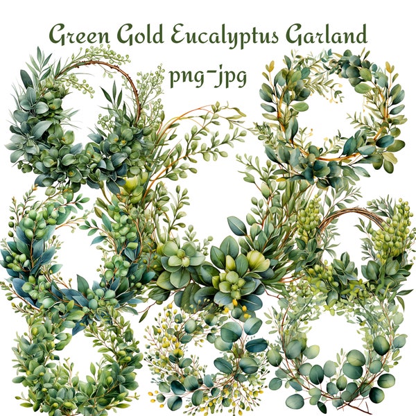 Green Gold Eucalyptus Garland Clipart, Eucalyptus & Gold Wreath Watercolour Clipart, Eucalyptus Gold Leaves Wreath Clipart, Garland PNG JPG