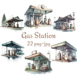 22 Gas Station Clipart, Watercolor Gas Station Store Clipart, Watercolor Gas Station Nostalgia High Quality 300 Dpı PNG JPG Clipart