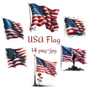 14 USA Flag Clipart, American Flag Day Clipart, Watercolor American Flag High Quality Transparent Background 300 Dpı PNG JPG Clipart