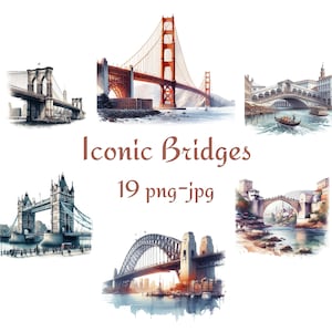 19 Imágenes Prediseñadas de puentes icónicos, imágenes prediseñadas de iconos de ciudades, puentes icónicos de acuarela fondo transparente de alta calidad 300 Dpı PNG JPG Imágenes Prediseñadas