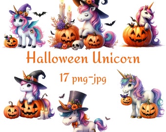 Halloween Unicorn Watercolor Clipart, Pumpkin PNG JPG (17 Images)