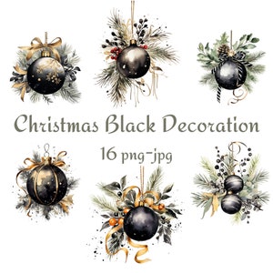 16 schwarze Weihnachtsdekoration Clipart, schwarz & gold Weihnachtsdekoration Aquarell Clipart, Weihnachtsdekoration 300 Dpı PNG JPG Clipart