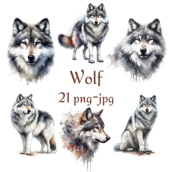 21 Wolf Clipart, Watercolor Tribal Wolf Clipart, Watercolor Wolf High Quality 300 Dpı PNG JPG Clipart