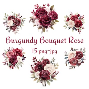 15 Clipart Rose Bouquet Bordeaux, Shower de mariée nuptiale mariage Bourgogne Bouquet Rose fleurs Clipart, aquarelle Bouquet Bordeaux Rose PNG JPG