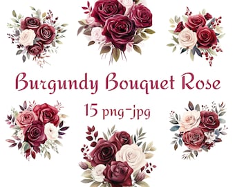 15 Bouquet Borgonha Rosa Clipart, Chá de panela de casamento Bouquet Borgonha Rosa Flores Clipart, Aquarela Bouquet Borgonha Rosa PNG JPG