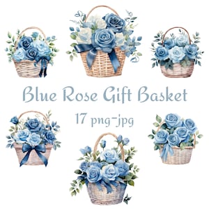17 Blaue Rose Geschenk Korb Clipart, Hochzeit Brautdusche Blaue Rose Geschenkkorb Clipart, Aquarell Blaue Rose Blume Geschenkkorb PNG JPG