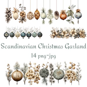 14 Clipart di ghirlanda di Natale scandinavo, clipart di ghirlanda di Natale, ghirlanda scandinava dell'acquerello sfondo trasparente 300 Dpı PNG JPG