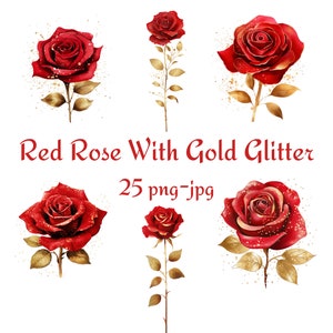 25 rote Rose mit Goldglitter Clipart, Hochzeit Brautparty rote Rose mit Goldglitter Blumen Clipart, Aquarell rote Rose Clipart PNG JPG