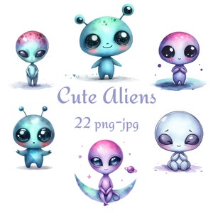 22 Cute Aliens Clipart, Cute Creatures Clipart, Watercolor Baby Aliens Clipart, Cute Aliens Transparent Background 300 Dpı PNG JPG Clipart