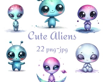 22 imágenes prediseñadas de extraterrestres lindos, imágenes prediseñadas de criaturas lindas, imágenes prediseñadas de extraterrestres de acuarela bebé, fondo transparente de extraterrestres lindos 300 dpı PNG JPG imágenes prediseñadas