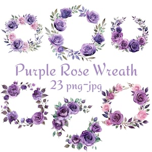 23 lila Rose Kranz Clipart, Hochzeit Brautparty lila Rose Blumen Clipart, Aquarell lila Rose Kranz Clipart PNG JPG