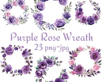 23 Purple Rose Wreath Clipart, Wedding Bridal Shower Purple Rose Flowers Clipart, Watercolor Purple Rose Wreath Clipart PNG JPG