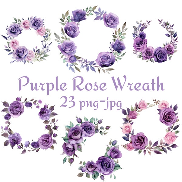 23 Purple Rose Wreath Clipart, Wedding Bridal Shower Purple Rose Flowers Clipart, Watercolor Purple Rose Wreath Clipart PNG JPG