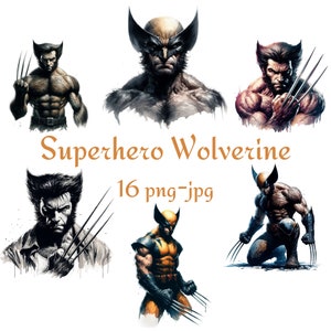 16 Clipart de super-herói, clipart de Wolverine, fundo transparente de super-herói em aquarela de alta qualidade 300 Dpı PNG JPG Clipart