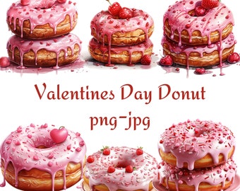 Valentines Day Donut Clipart, Watercolor Valentines Day Donut Clipart, Valentine Sweets Donut Clipart, 12 High Quality PNG JPG Clipart