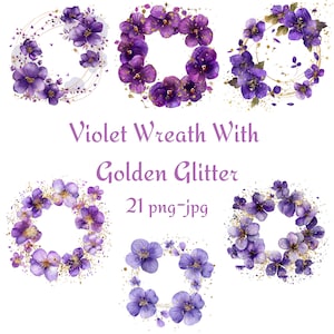 21 Violet Kranz mit goldenem Glitzer Clipart, Hochzeit Brautparty Violet Kranz Clipart, violetter Kranz mit goldenem Glitzer PNG JPG