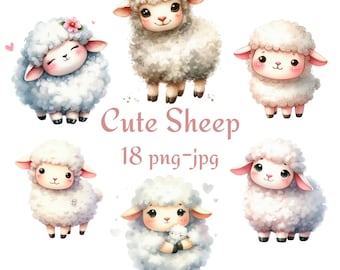 18 Cute Sheep Clipart, High Quality Cute Sheep Clipart, Watercolor Cute Sheep Transparent Background 300 Dpı PNG JPG Clipart