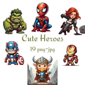 19 süße Helden Clipart, Baby Superhelden Clipart, Aquarell süße Helden transparenter Hintergrund 300 Dpı PNG JPG Clipart