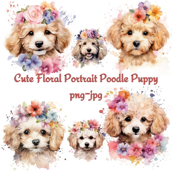 Cute Floral Portrait Poodle Puppy Clipart, Poodle Puppy Watercolor Clipart, Watercolour Floral Cute Dog Clipart, Poodle Puppy PNG JPG