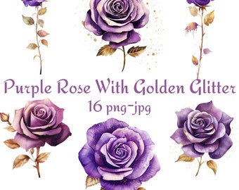 16 Purple Rose With Golden Glitter Clipart, Wedding Bridal Shower Purple Rose Flowers Clipart, Purple Rose With Golden Glitter PNG JPG