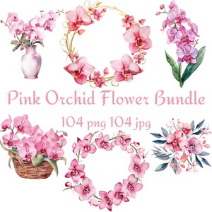 104 roze orchideebloem bundel, mand, boeket, vaas, orchideebloem, orchideekrans, orchideekrans met gouden glitter aquarel png JPG